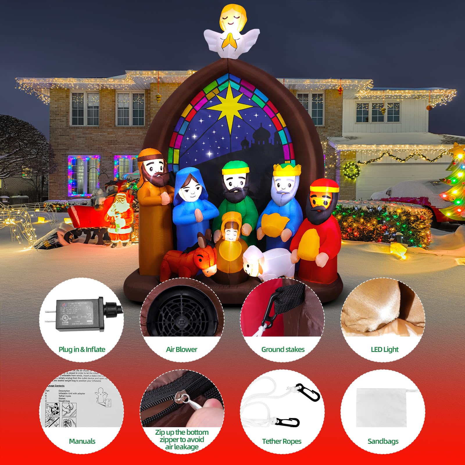 Crèche de Noël Gonflable de 2,4 m avec lumières LED, Grande crèche de Noël Gonflable Jésus pour Jardin, pelouse, église, décoration de Noël