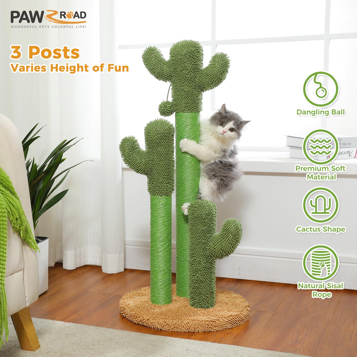 PAWZ Road Katzenkratzbaum 89 cm, hoher Kratzbaum mit natürlichen Sisal-Kratzsäulen und hängenden Katzenspielbällen für große Katzen, Braun