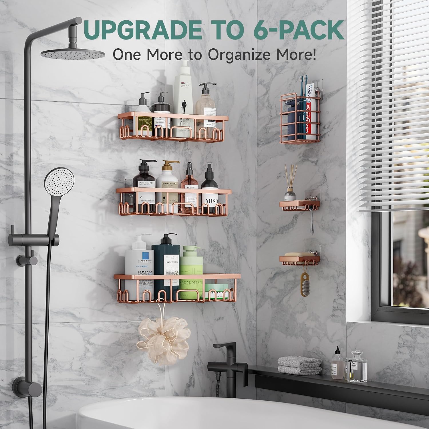Veken Shower Caddy 6-Pack, No Drilling & Rustproof, Waterproof Adhesive Shelves Rack with Soap Holder, Large Capacity Bathroom Organizers and Storage, Wall-Mounted Kitchen & Home Decor, Rose Gold thumbnail