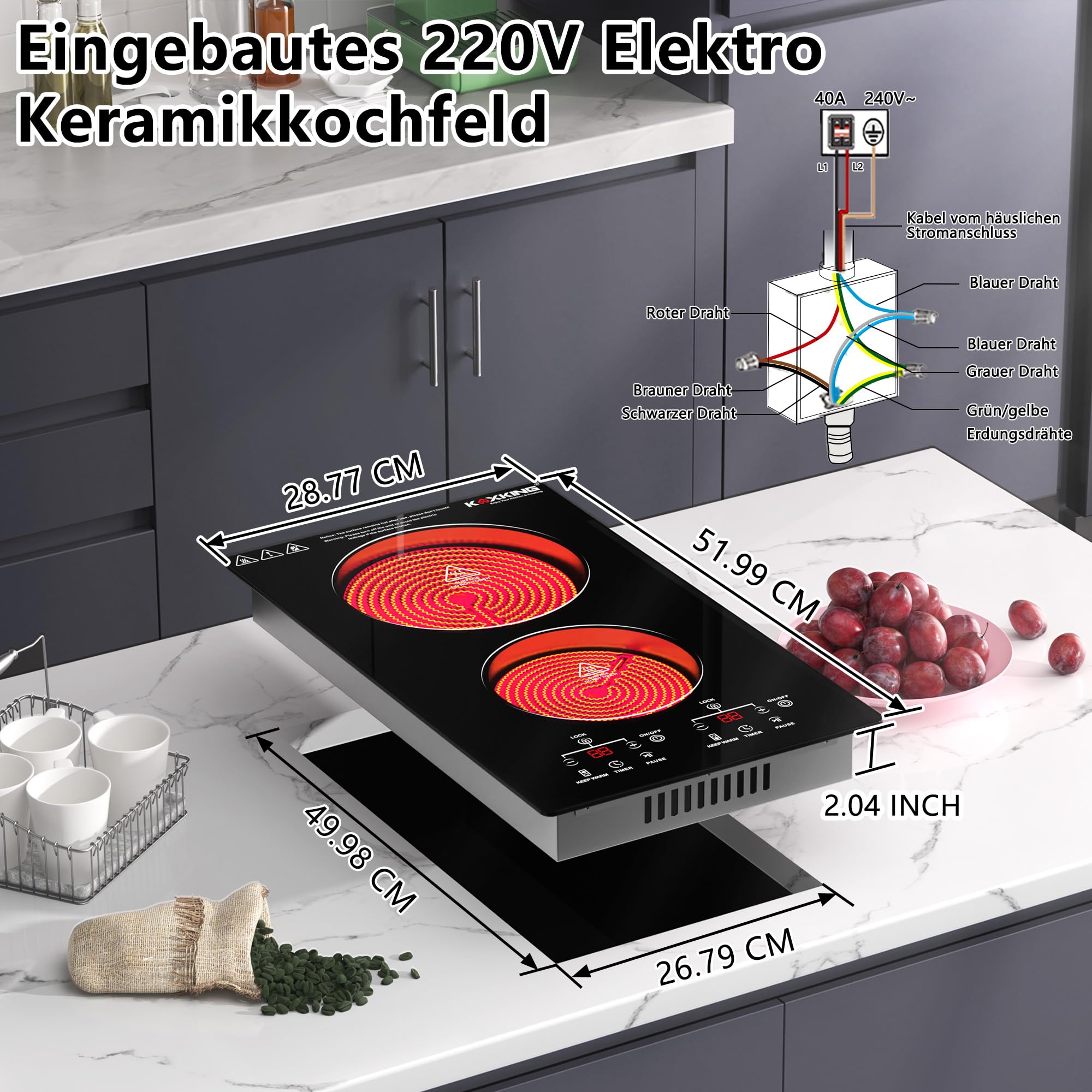 Glaskeramikkochfeld 2 Platten 3000W, 30cm Autarkes Elektrokochfeld mit Metallrahmen, Einbau-Kochfeld 2 Kochzonen (1800W+1200W), 9 Heizstufen, Sensor-Touch, Timer & Kindersicherung, Ohne Stecker - 3
