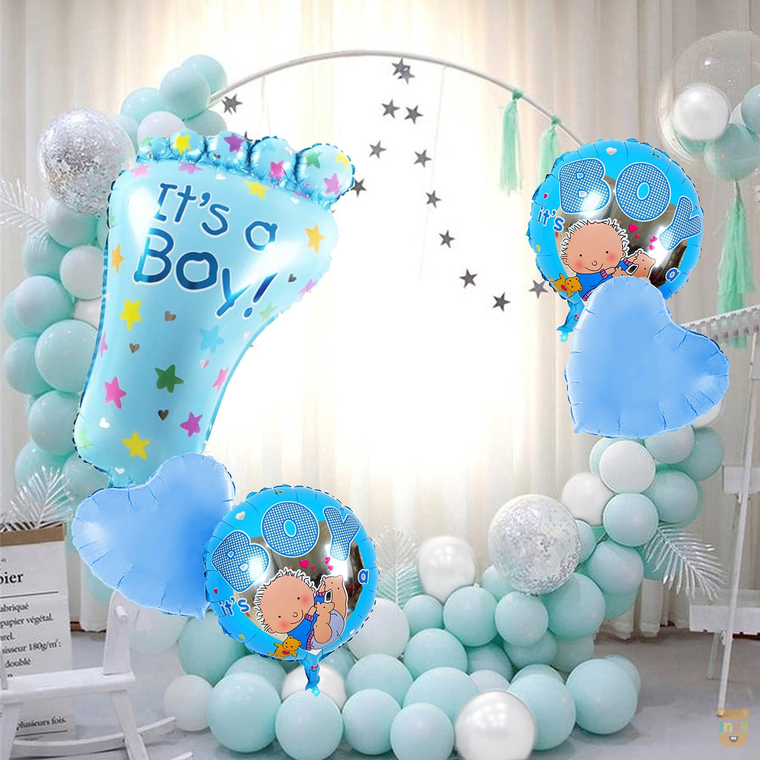 ITAF Set Of 35 Pcs Baby Boy Welcome Home Decoration Kit For Home - 1 Its A Boy! Welcome Blue Foot Foil Balloon, 2 Blue Heart Foil Balloons, 2 Printed Round Boy Face Foil Balloons, 15 White & 15 Blue Pastel Balloons For Kids Birthday Party New Born Baby Theme Decoration Kit