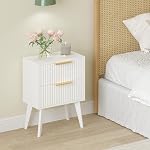 Fluted Nightstand with 2 Drawers,Modern Bedside Table with Metal Handles,White Side Table with Solid Wood Legs,Mid Century End Table for Living Room,Bedroom,White CAACTG55W