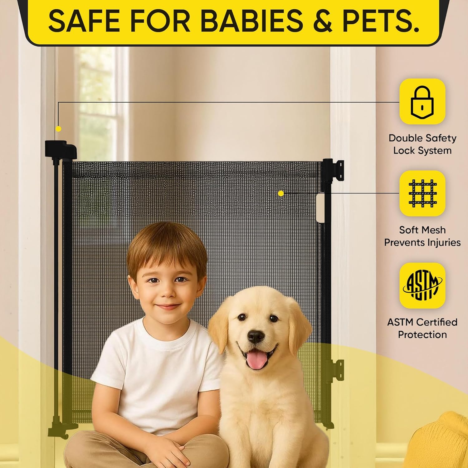 Retractable Baby Gate – 35 Tall, 55 Wide Mesh Safety Gate for Dogs & Babies, Indoor/Outdoor Use for Stairs, Doorways, Hallways, Deck & Porch – Easy One-Handed Wall Mount Design