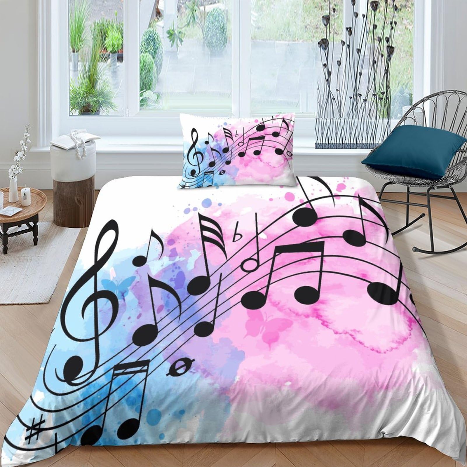 Notes de musique parure de lit 3 pièces imprimée 3D avec housse de couette 135x200 et taies
