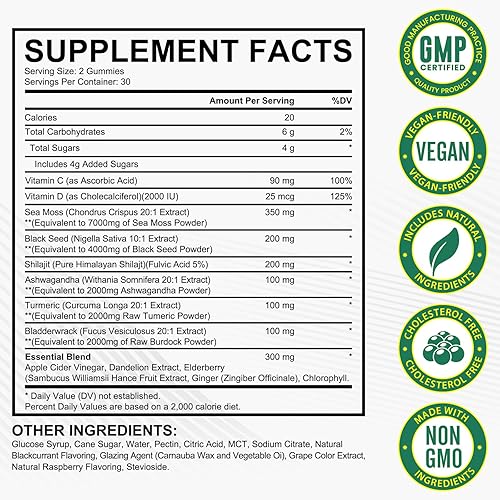 Miniatura 3 de Gomitas de musgo marino, musgo marino con aceite de semilla negra, Ashwagandha, ingredientes naturales Shilajit y jengibre para hombres y mujeres,
