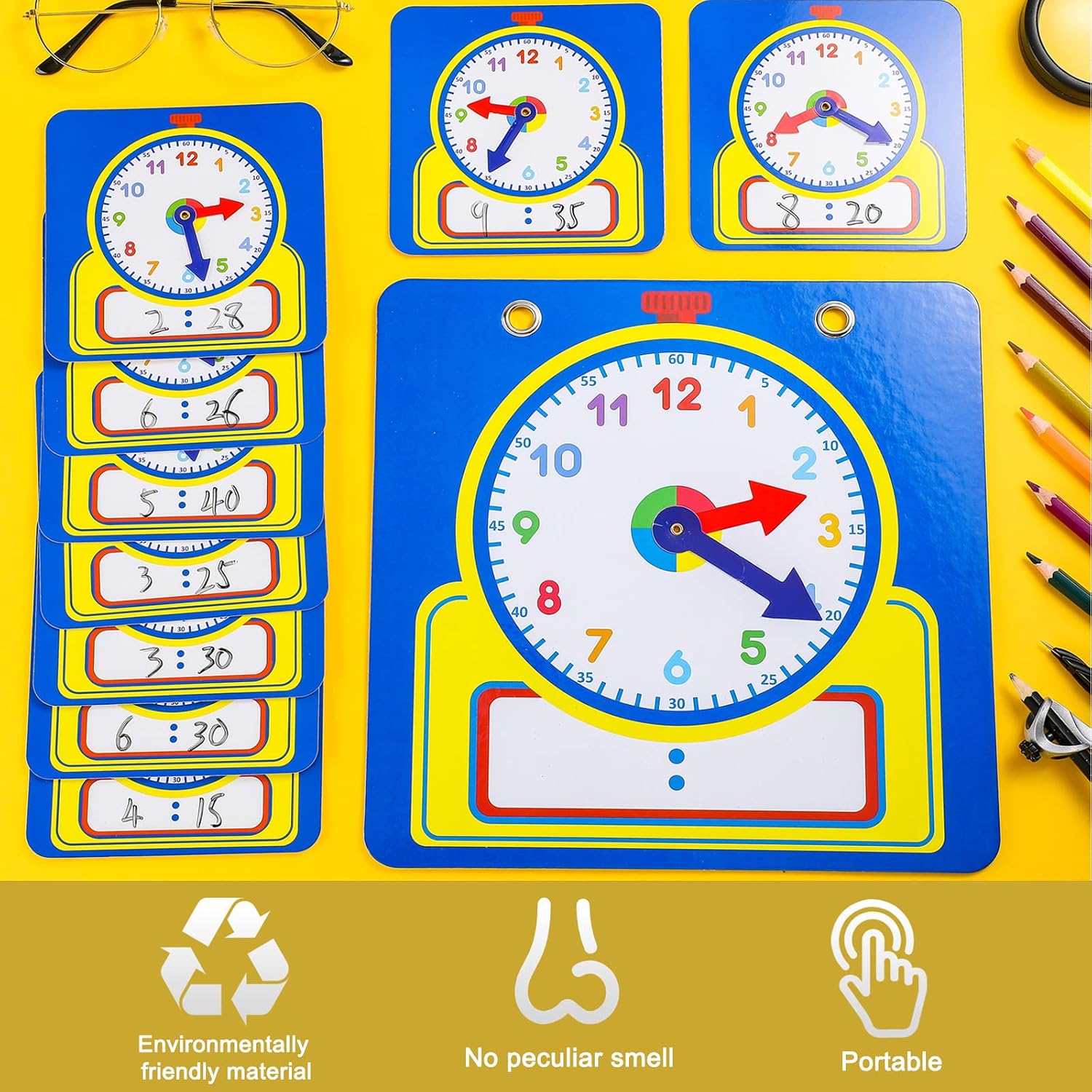 25 Pcs Teaching Clock Kit Learning Clocks Classroom, Cute Style | Time Telling Practice for Kids Classroom Homeschool, Style Colorful Dial Design, Erasable Write-on Wipe-off Cards