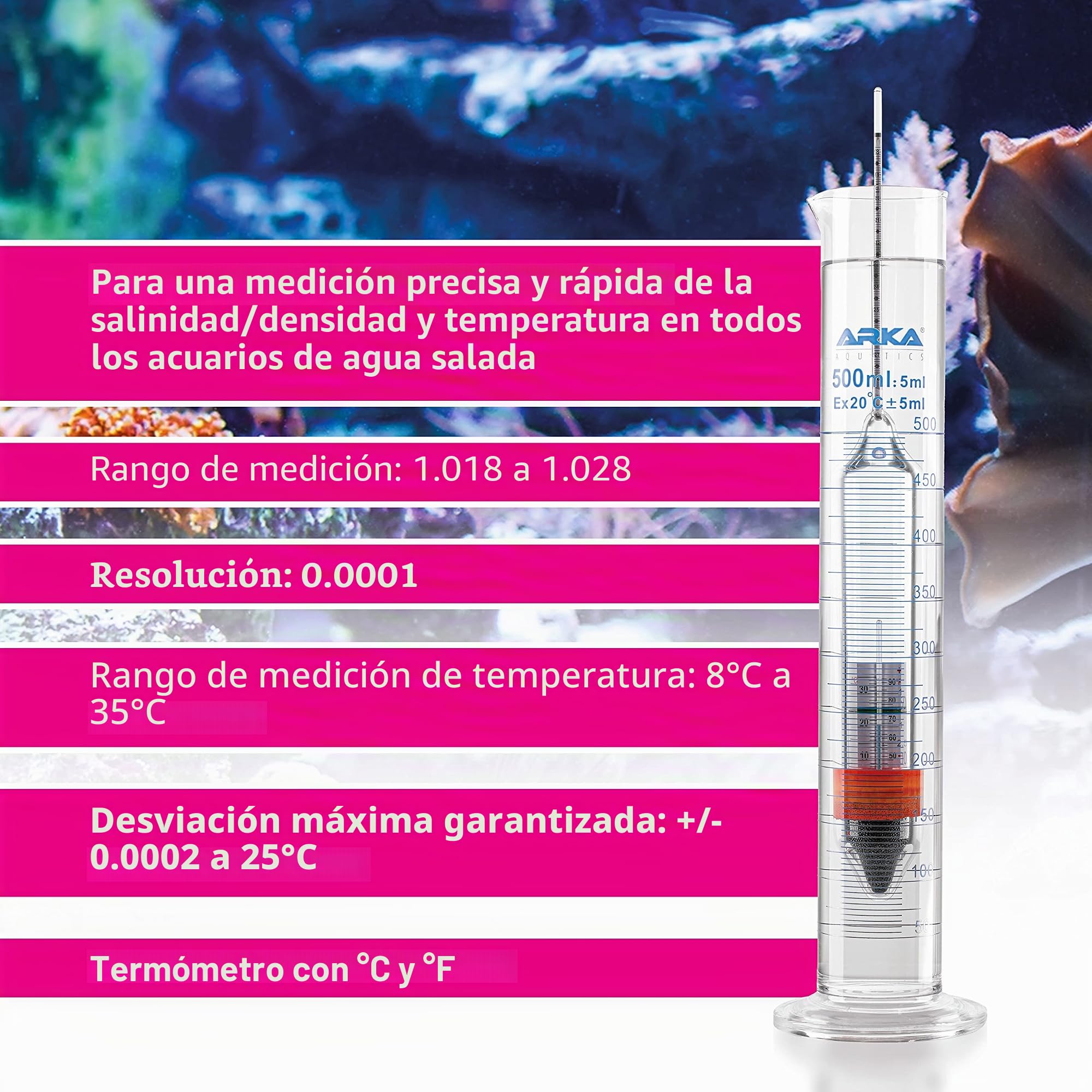 ARKA Juego de hidrómetro - Incl. termómetro y Probeta de Vidrio de borosilicato 3.3 - medición de Densidad de Alta precisión para acuarios Marinos, Calidad de Laboratorio, fácil de Usar