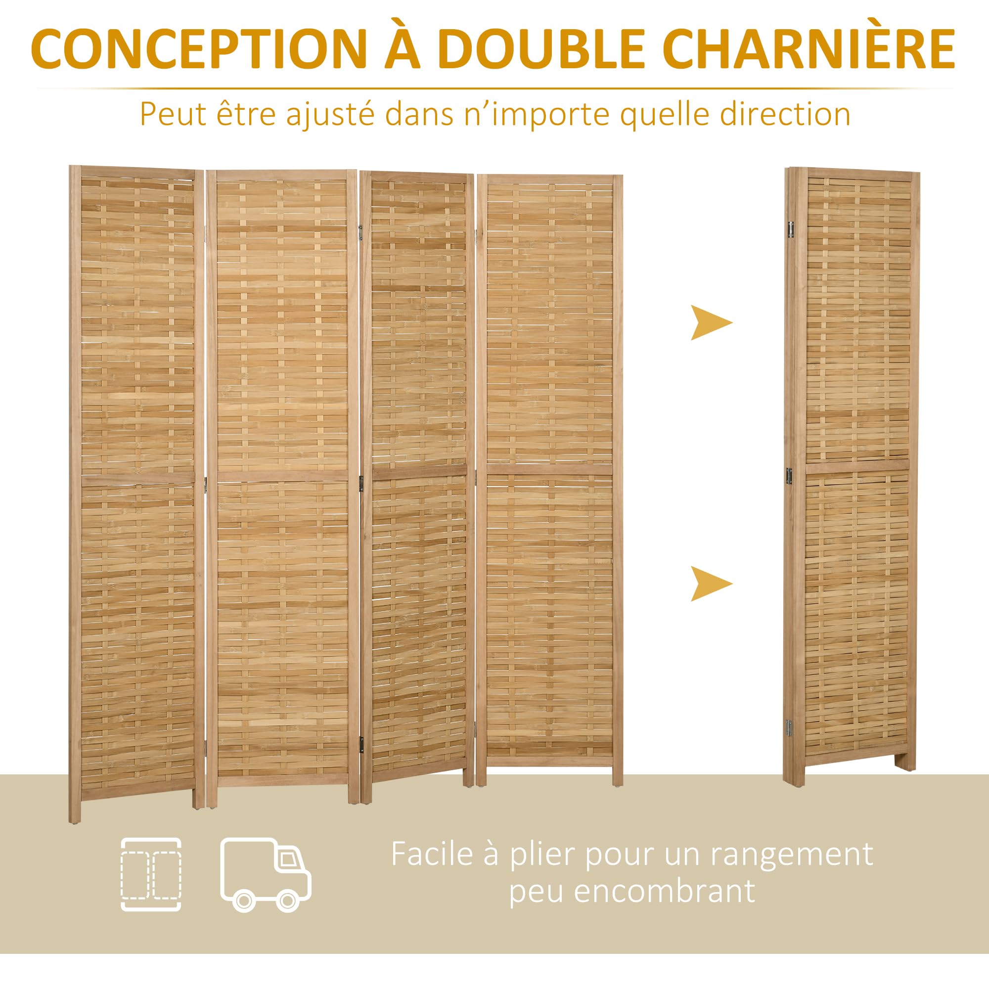 HOMCOM Paravent en Bois 4 Panneaux 160 x 170 cm séparateur de pièce closion de séparation Pliable en Bambou - Naturel Clair