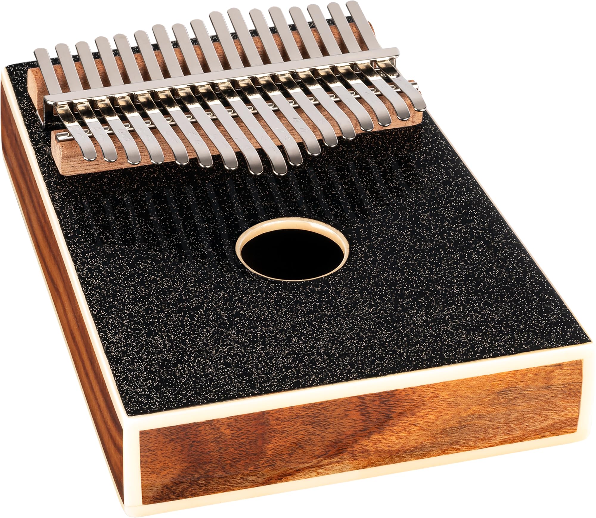 Ortega Guitars Kalimba Do Majeur Acoustique – Percussion Series – Piano à Pouces 17 Lames – Accessoires Inclus – Acacia, Noir avec des paillettes (OKB4-MBK)