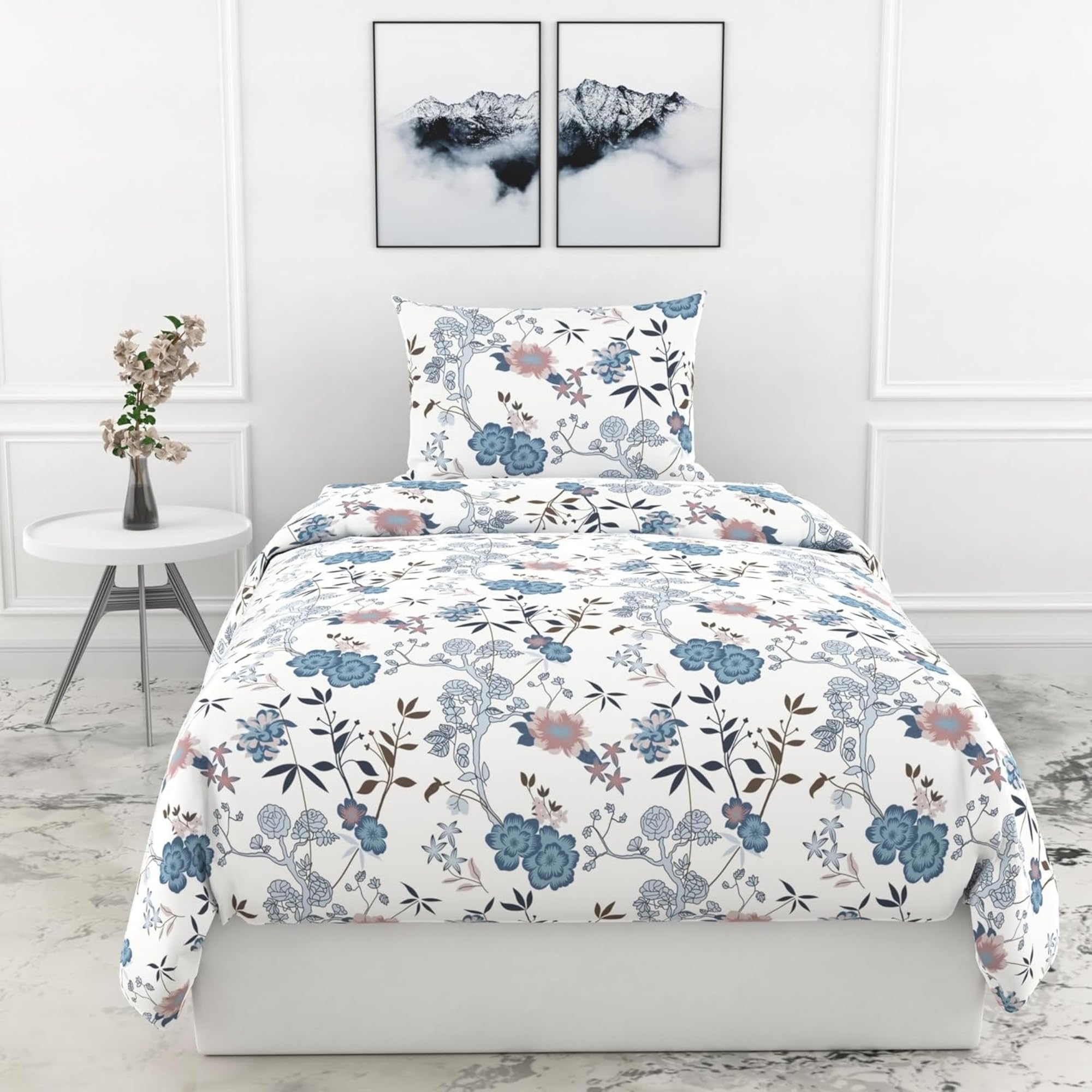 LORETO - A QUALITY LINEN BRAND 100% Pure Cotton Bedsheet for Single Bed, 144TC Soft & Breathable Single Bed Sheet with Pillow Cover (Blush & Blue Meadow Blooms, 54 x 84 Inches)