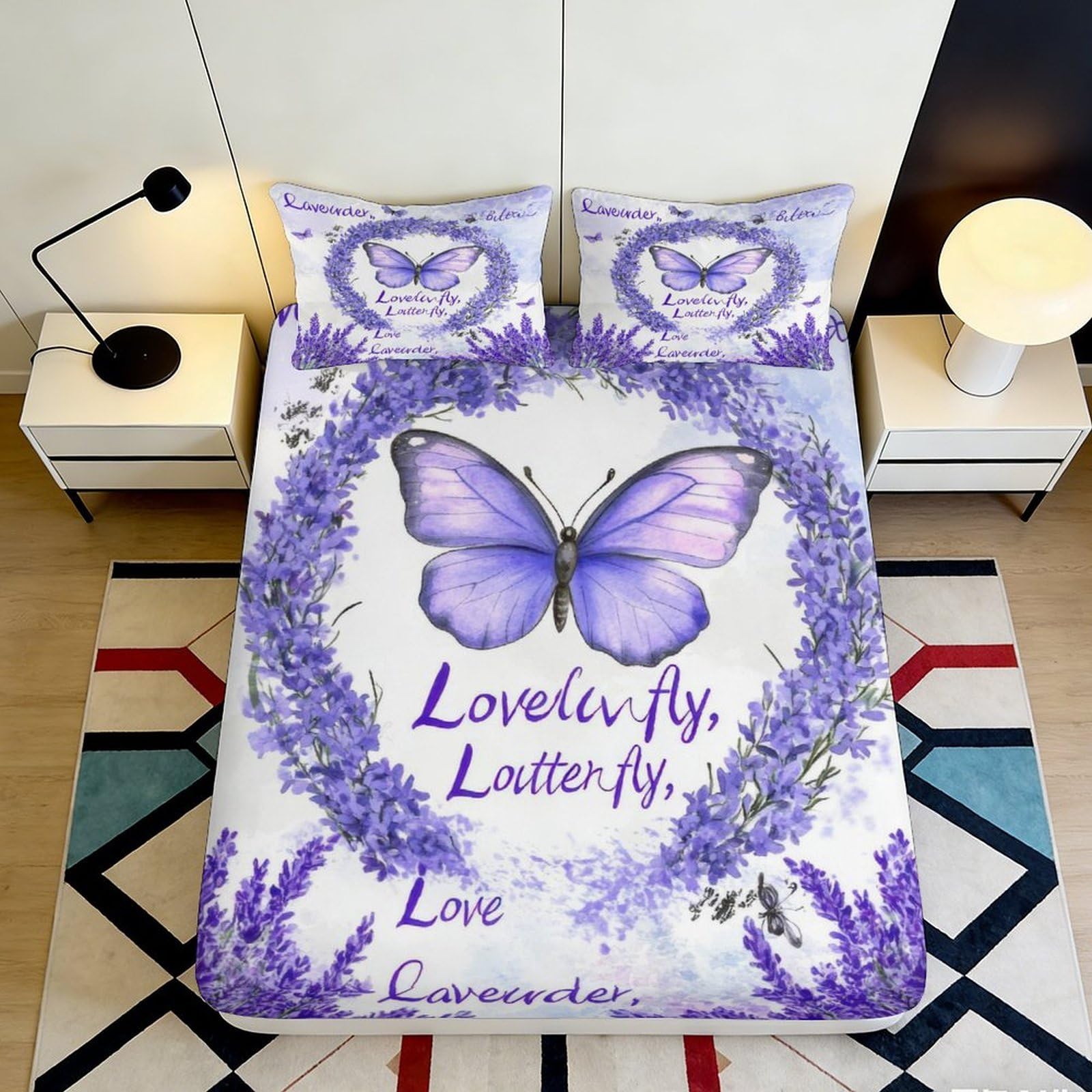 3D Printed Lavender Butterfly Fitted Sheet Microfiber Soft Breathable Purple Bed Cover for Bedroom Guest Room Decor 90x200x25cm