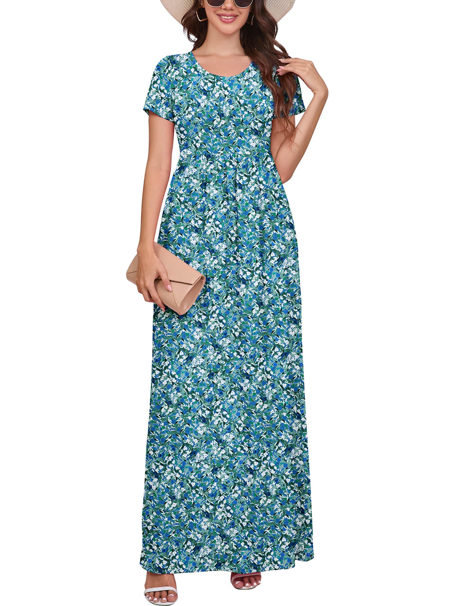 DEARCASE Maxi Dress for Women Short Sleeve Casual Summer Loose Plain Comfy Long Dresses with Pockets