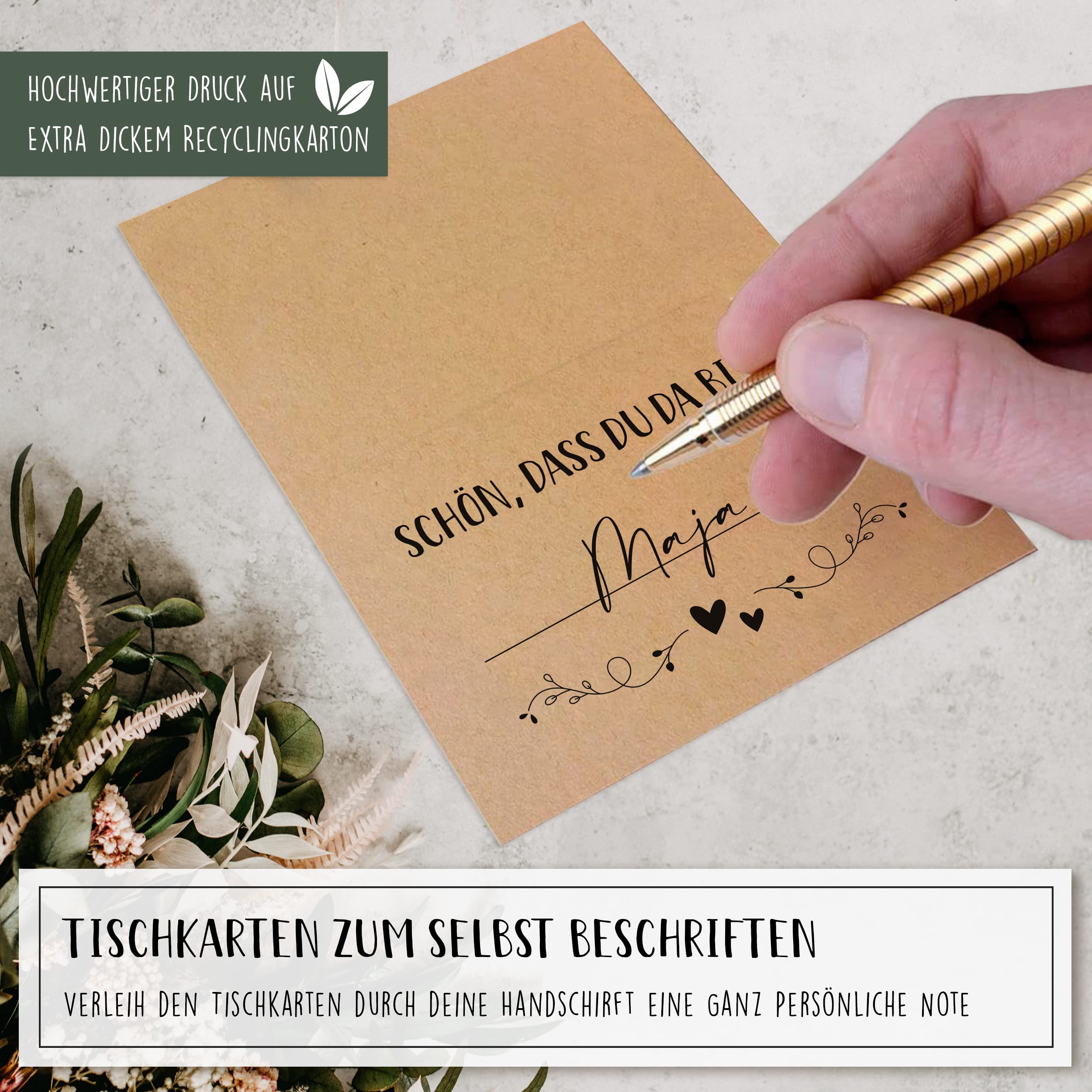 Hyggelig Home 100 segnaposto per matrimonio, compleanno, con scritta Schön dass du da bist, formato DIN A7, con 15 biglietti numerici da tavolo, eucalipto