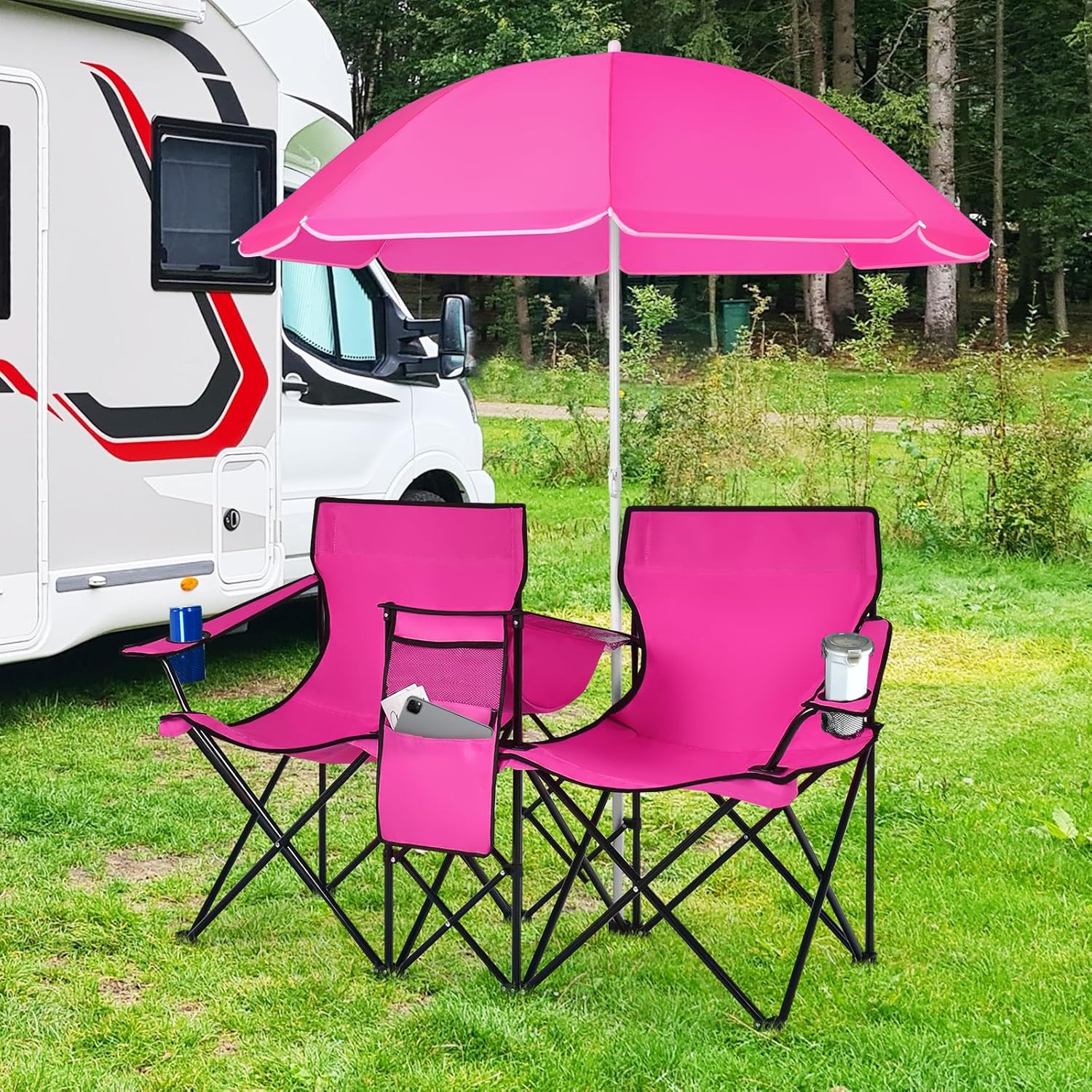 Tangkula Double Camping Chairs with Umbrella, Portable 2 Seat Folding Camp Chair with Cooler Bag, Beverage Holder, Carrying Bag, Foldable Lawn Chair for Outside, Fishing, Picnic, Beach