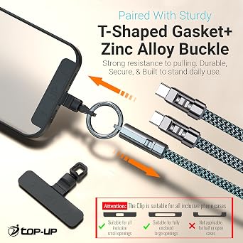 TOP-UP Hand Wrist Lanyard 1ft (30cm) Universal Cell Phone Strap with Built-in 240W USB C Charging Cable & Data Transfer