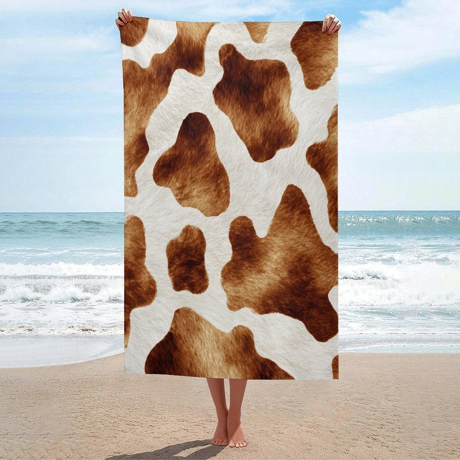 LSRCPD Watercolor Cow Pattern Brown Spots Beach Towel Sand Free Microfiber Large Shower Towels Multipurpose Absorbent for Bathroom Pool 130x80 CM