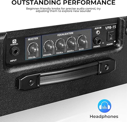 Miniatura 8 de Vangoa Amplificador de guitarra de bajo de 15 W, amplificador eléctrico portátil para graves pequeño para práctica de bajo para interior y exterior