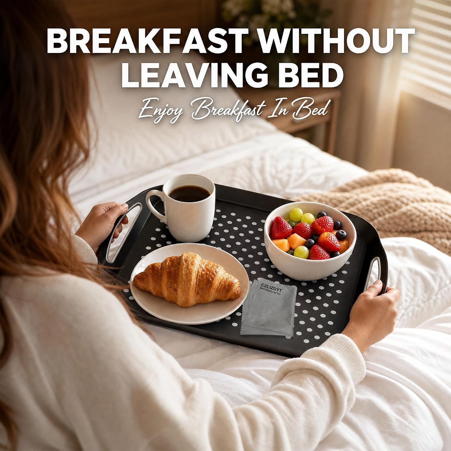 Large Nonslip Serving Tray with Handles, Silicone Grippy Dots Lap Food Trays for Eating, Dishwasher Safe Serve for Breakfast Dinner Snack Fruit Appetizers Beverage, Rectangular, Set of 2, Black