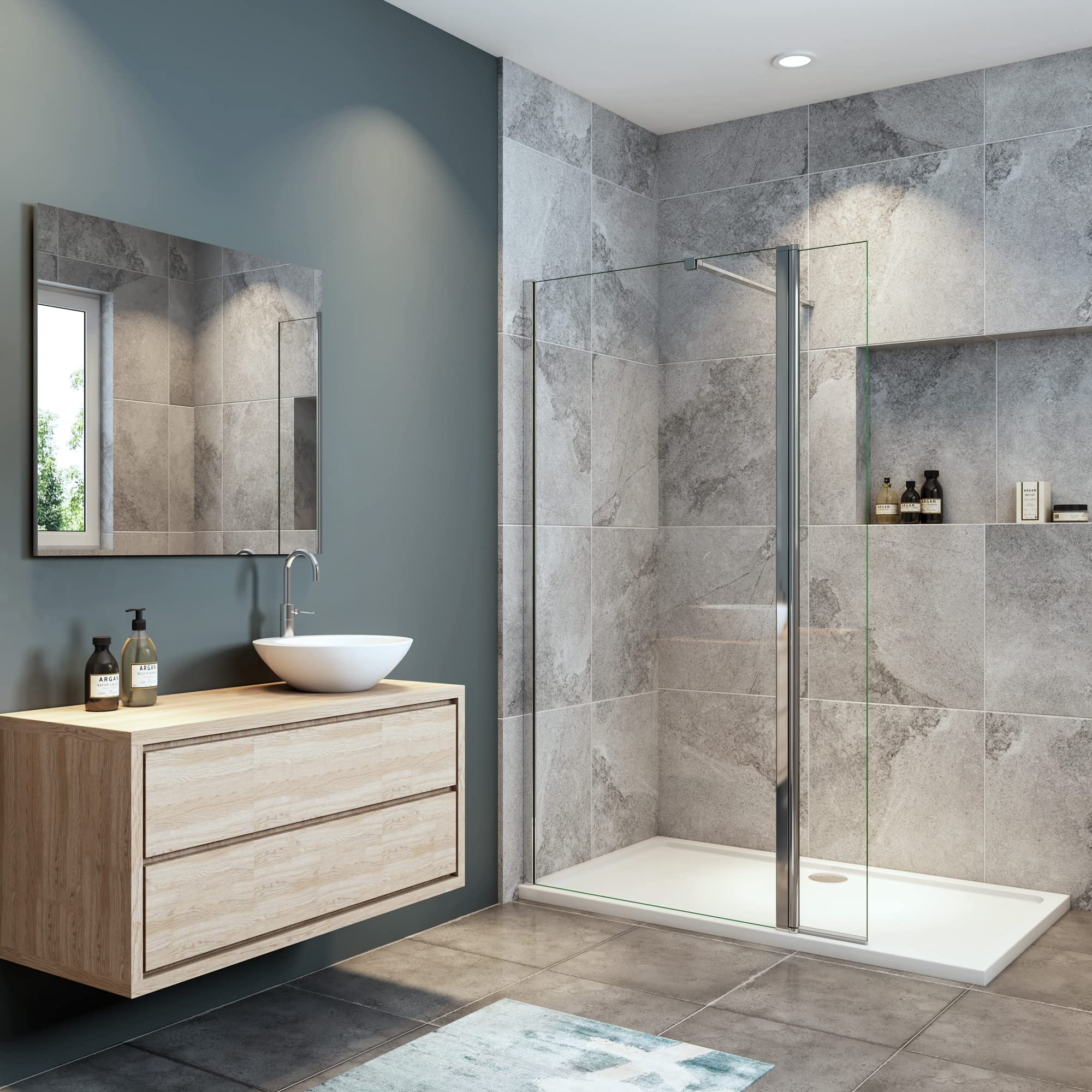 Doccia Walk In 130x190 cm Vetro 8 mm con Barra Stabilizzatrice 90 cm | (Parete Fissa 100 cm + Paretina 30 cm), OCEAN ITALY, Tagliabile, Trasparente Anticalcare, Temperato