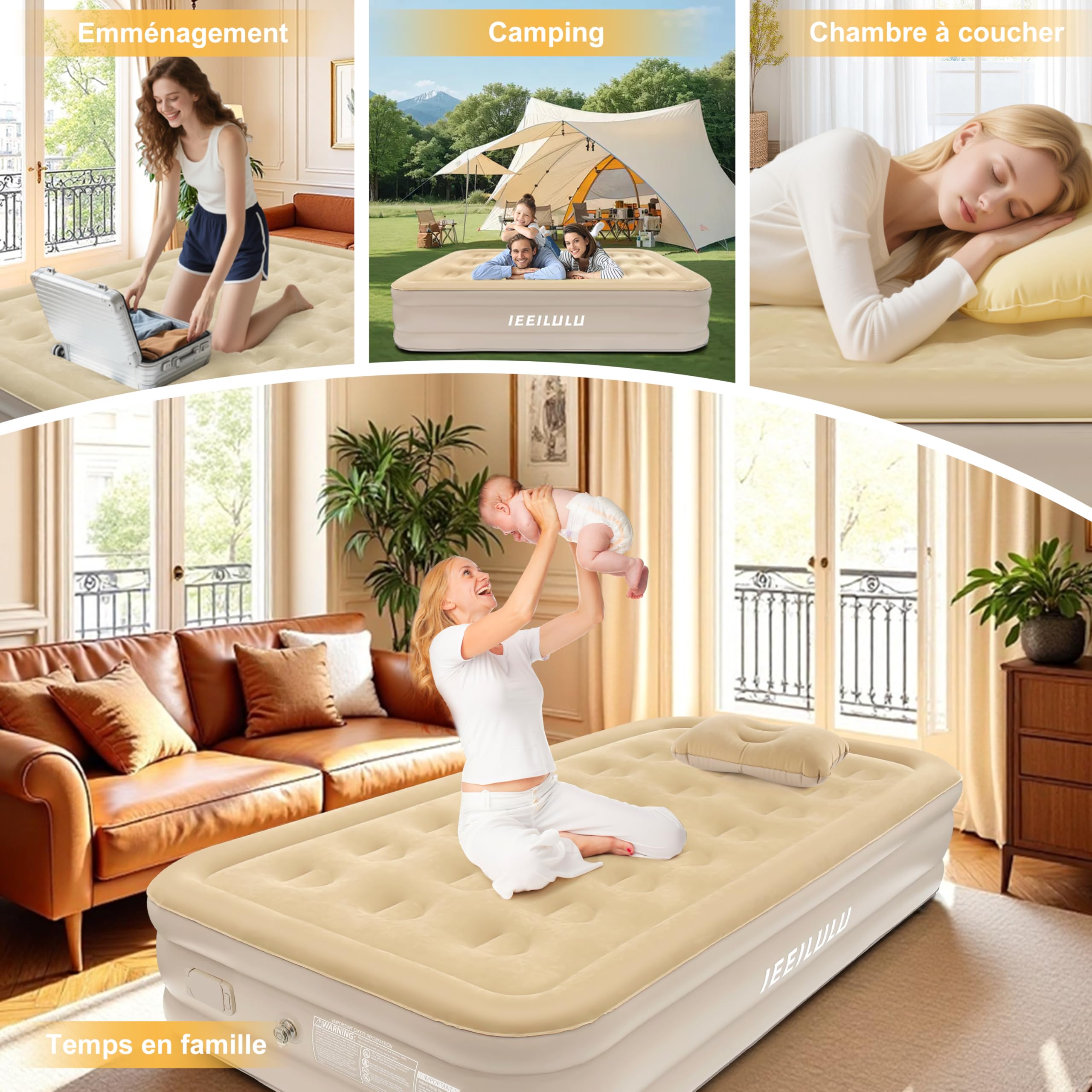 IEEILULU Lit Gonflable 1 Place, Matelas Gonflable 1 Personne avec Pompe Électrique, Oreiller et Fonction Veilleuse, Gonflage Rapide, Confortable et Durable, pour Le Camping ou la Maison