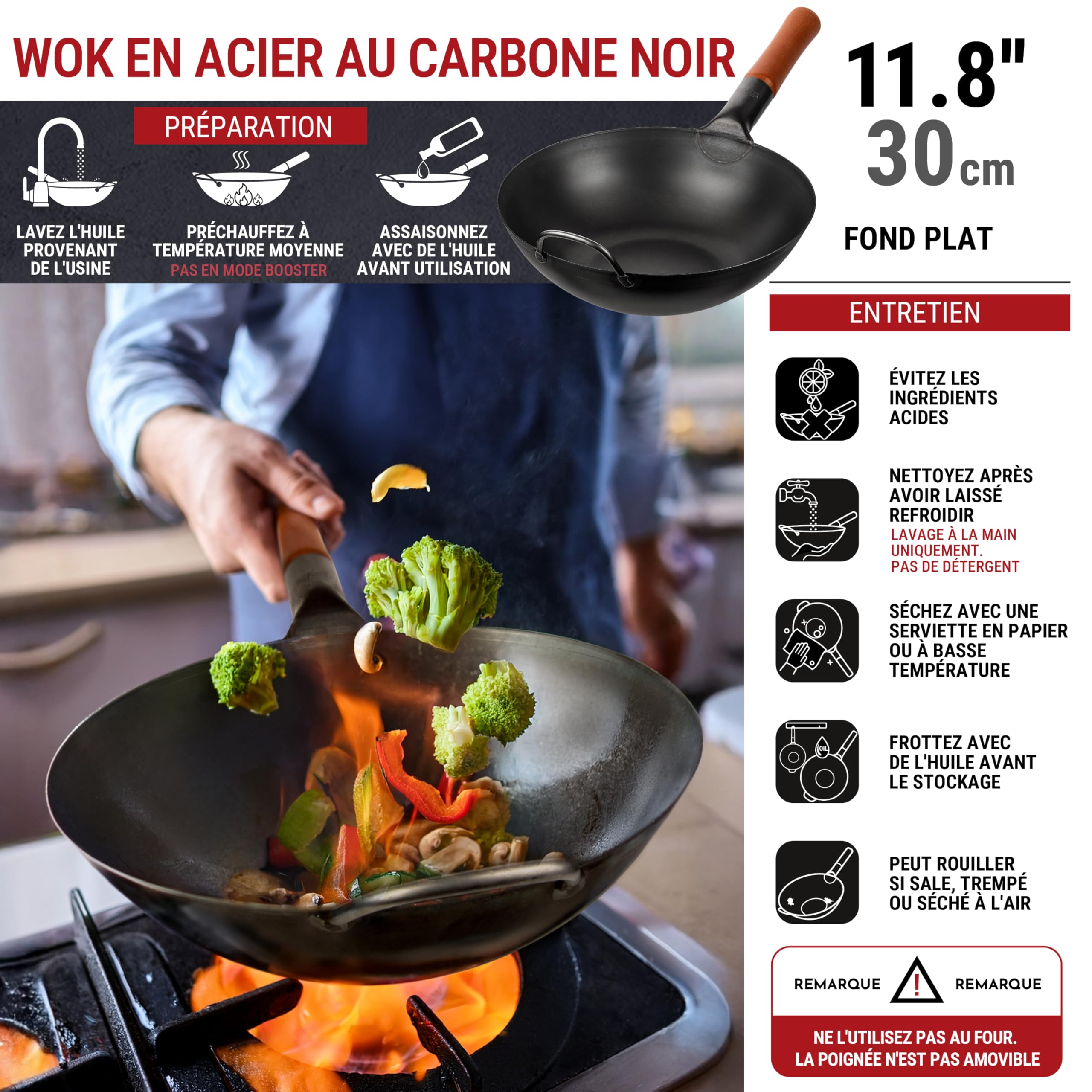 YOSUKATA Woks Et Poêles à Frire 30 cm à Fond Plat Pré-assaisonné Chinois Traditionnel - Wok Acier Carbone Noir Pour Induction, Plaques Électriques, Gaz, Feu Ouvert - Pour Sauté, Barbecue et Camping