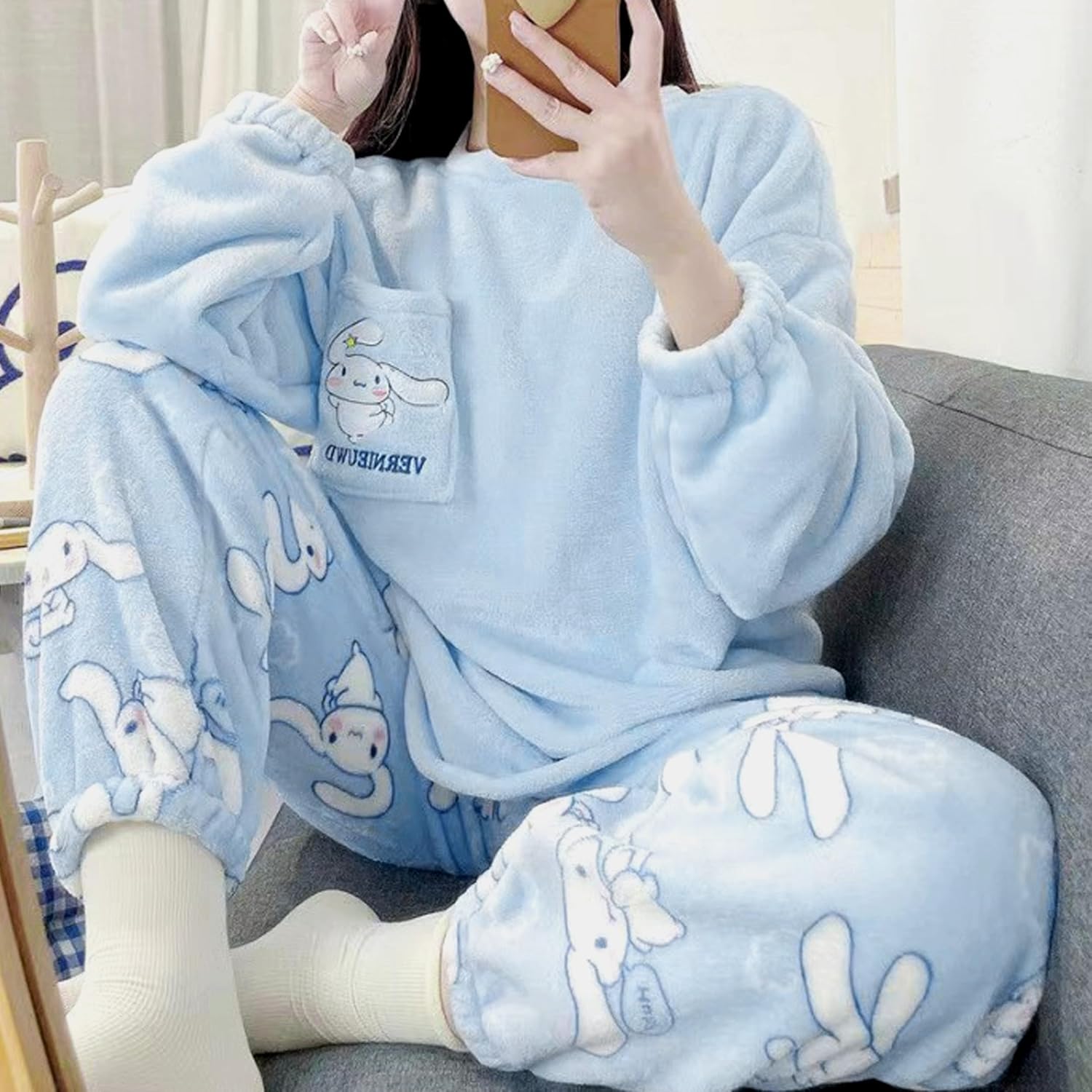 Cartoon Fluffy Pajamas Set for Petite Women Fleece Pullover Pants 2 Piece Pj Set Long Sleeve Sleepewear Lounge Sets
