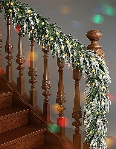 Miniatura 5 de Guirnalda de Navidad de tacto real con luces, guirnalda de pino Norfolk nevado con 30 luces LED cálidas con temporizador con 8 modos, guirnalda de