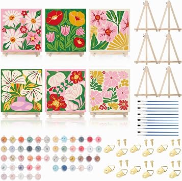 YooNotee 6 Pack Flowers Paint by Numbers Kit on Canvas with Wooden Easels & Brushes, 8x8 Inch Canvas Art Set for Adults DIY Flowers Acrylic Painting for Home Wall Decor