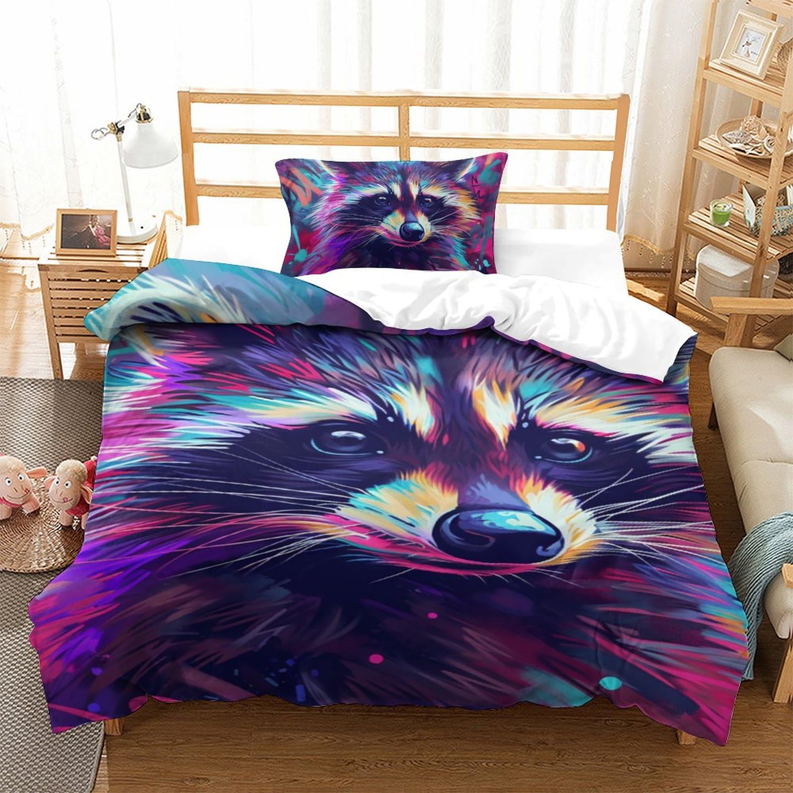 Housse de couette raton laveur 3D imprimée literie microfibre 135x200 fermeture éclair adulte
