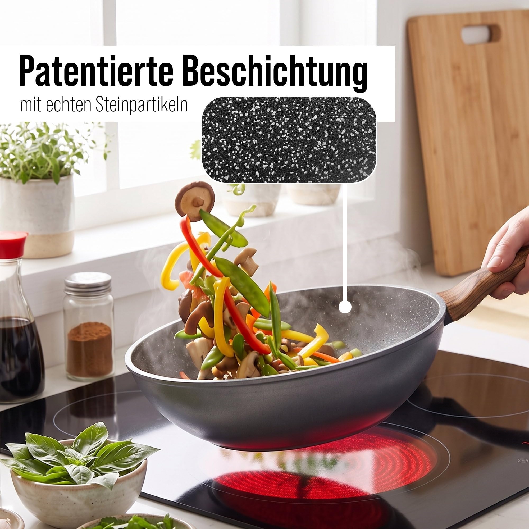 STONELINE Back to Nature Made in Germany Wok 30 cm, auch für öl- und fettfreies Braten, Wok Pfanne beschichtet mit echten Steinpartikeln, Wok Induktion und backofengeeignet