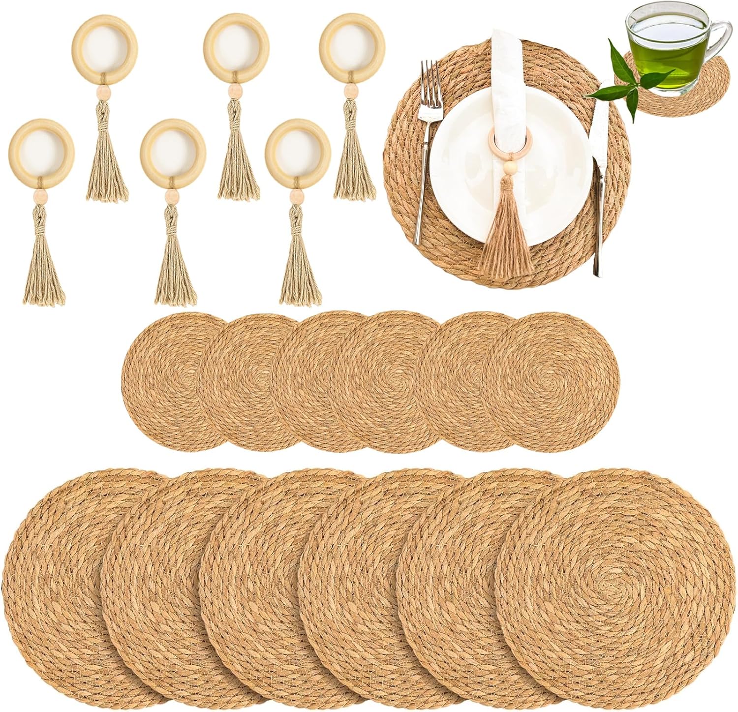 Boho Placemats Set of 6, 12" Round Woven Placemats, Rustic Praided Table Place Mats with Coasters and Napkin Rings, Wicker Water Hyacinth Placemats Farmhouse Rattan Placemat for Dining Table, Décor