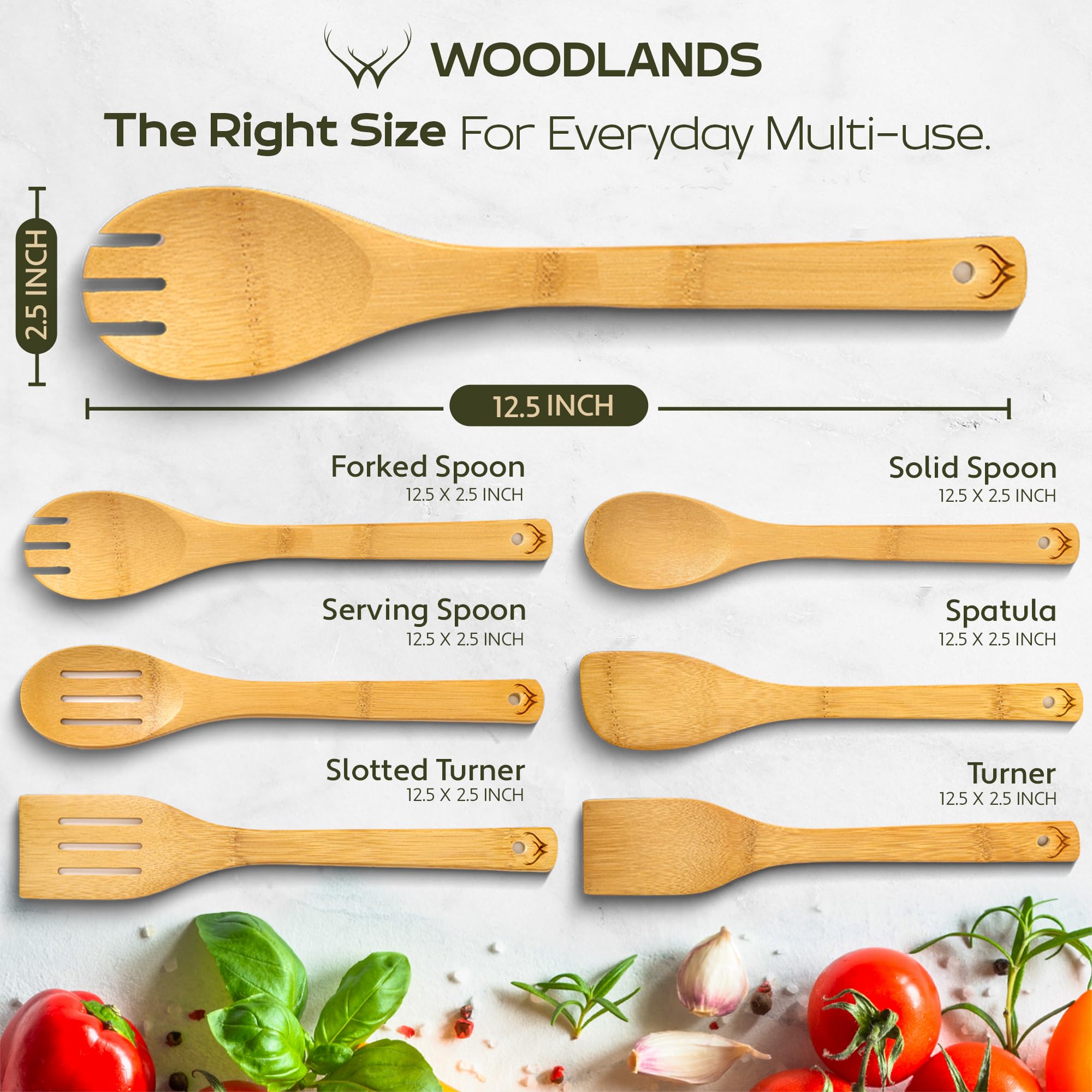 WOODLANDS USA Juego de 6 cucharas de madera para cocinar, juego de utensilios de madera de alta calidad para uso diario. Juego de utensilios de cocina versátiles seguros para sartenes antiadherentes