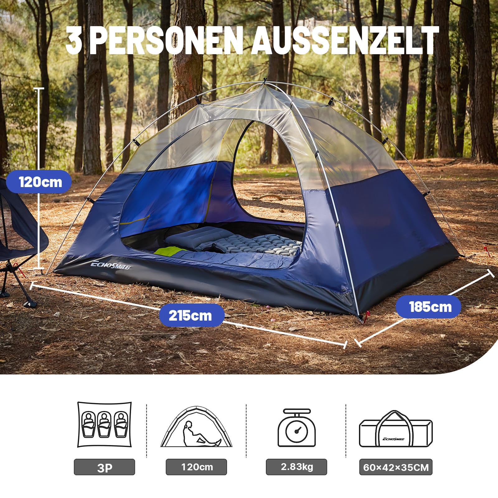 EchoSmile Zelt 3 Personen, Geräumiges Kuppelzelt für 3-5 Personen mit Erweiterbarem Raum, aufzubauendes Zelt für Picknick, Wandern und Outdoor Aktivitäten