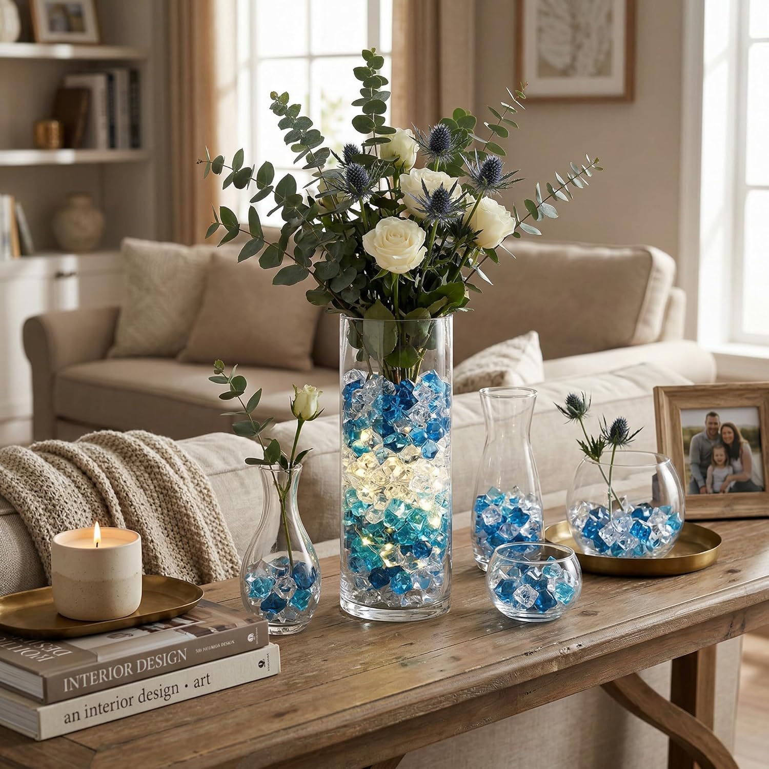 DomeStar Acrylic Fake Ice & Assorted Blue Glass Beads - 1000PCS Clear Fake Ice & 500PCS Assorted Acrylic Gems for Vase Fillers, Fish Tank Decor & DIY Table Scatter
