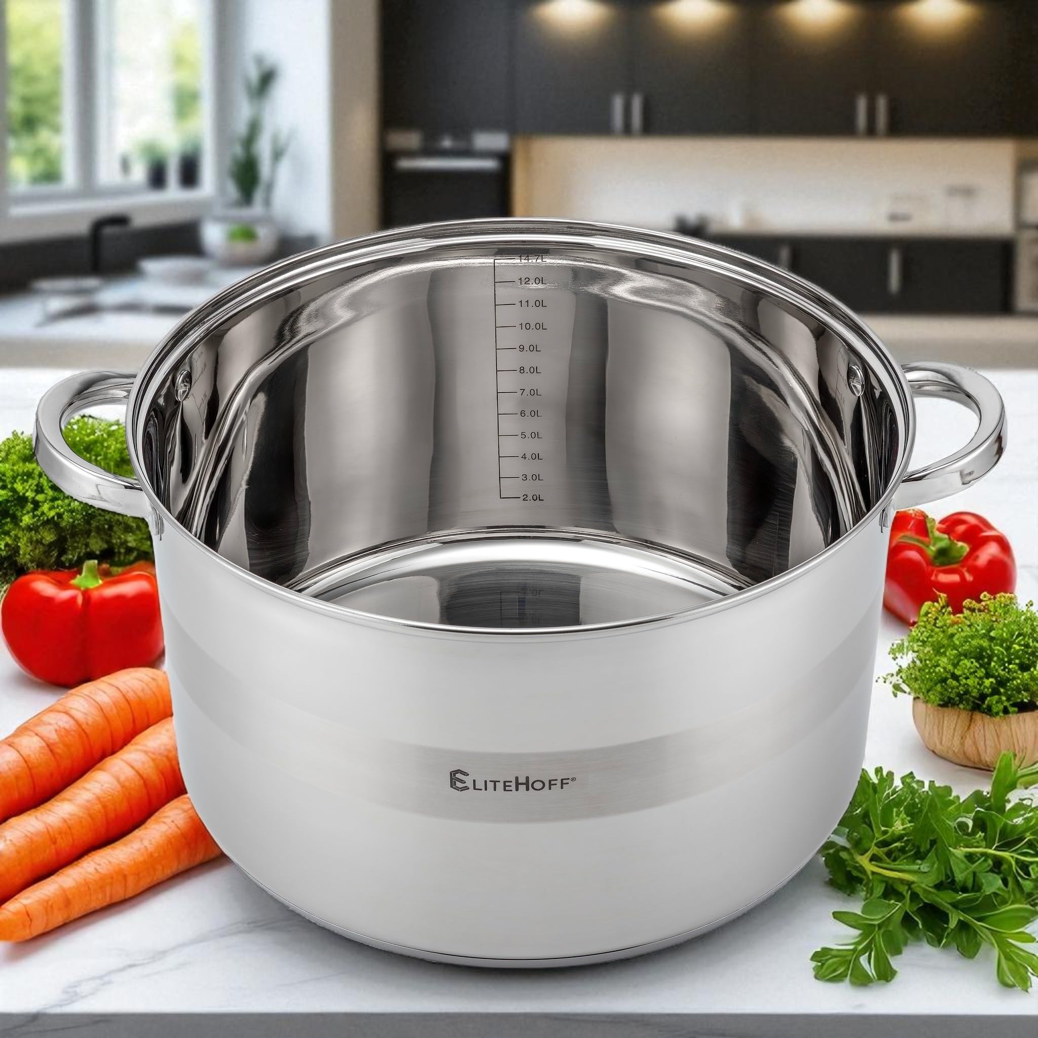 EliteHoff Kochtopf, 7-Lagen Edelstahl Topf Induktion Kochtöpfe Nudeltopf Suppentopf mit Glasdeckel für alle Herdarten Spülmaschinenfest (14.7L - 32 cm)