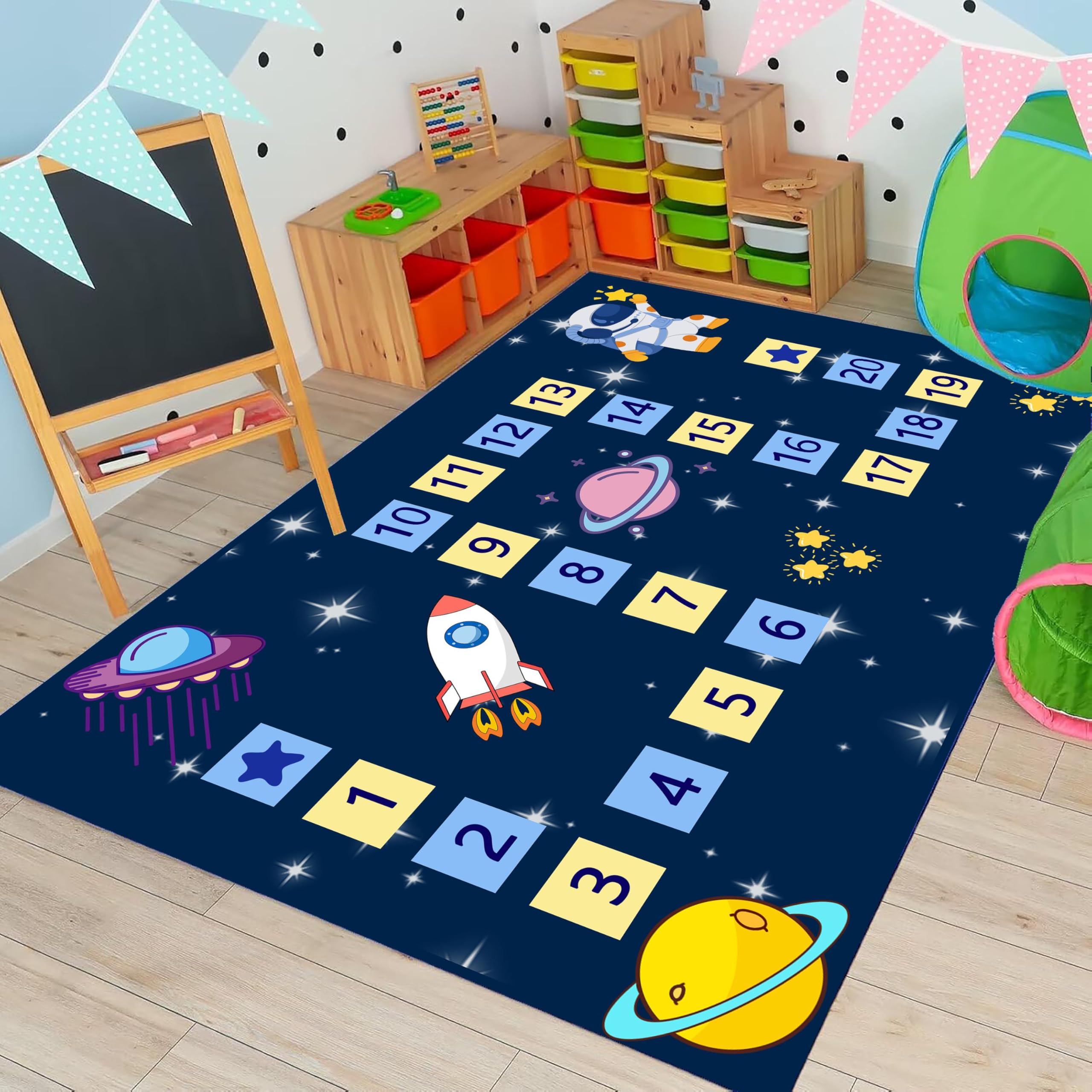 USHIRUG Starry Sky Area Rug, 180x260cm Airplane Planet Outer Space Numbers Cartoon Soft Blue Rugs, Non-Slip Low-Pile Non-Shedding Rugs, Cute Star Play Learning Carpet Mat for Nurseries Kids Bedrooms