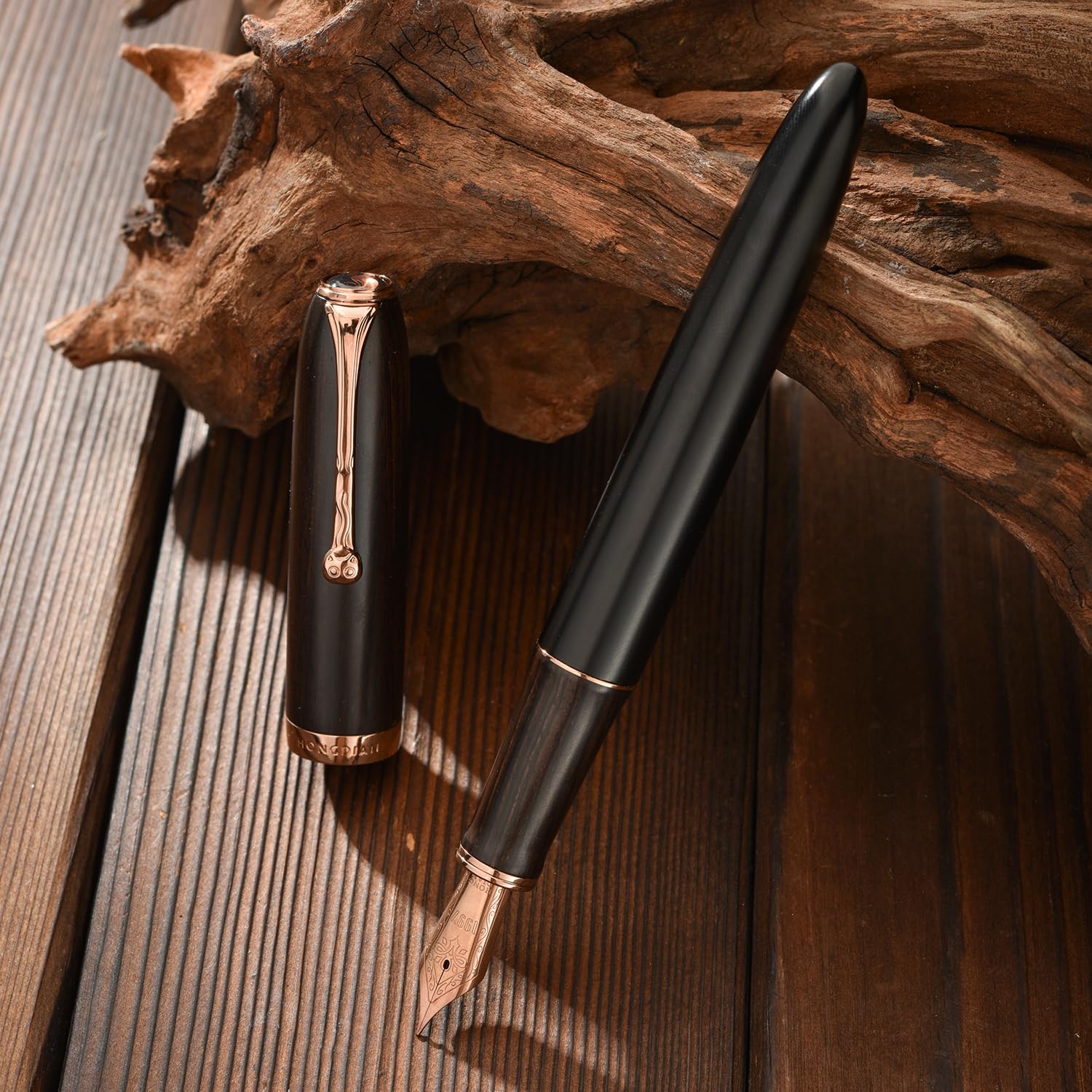 HONG DIAN A10 Fountain Pen, Fine Soft Nib Black Ebony Wood with Magnetic Cap Design and Metal Case Set