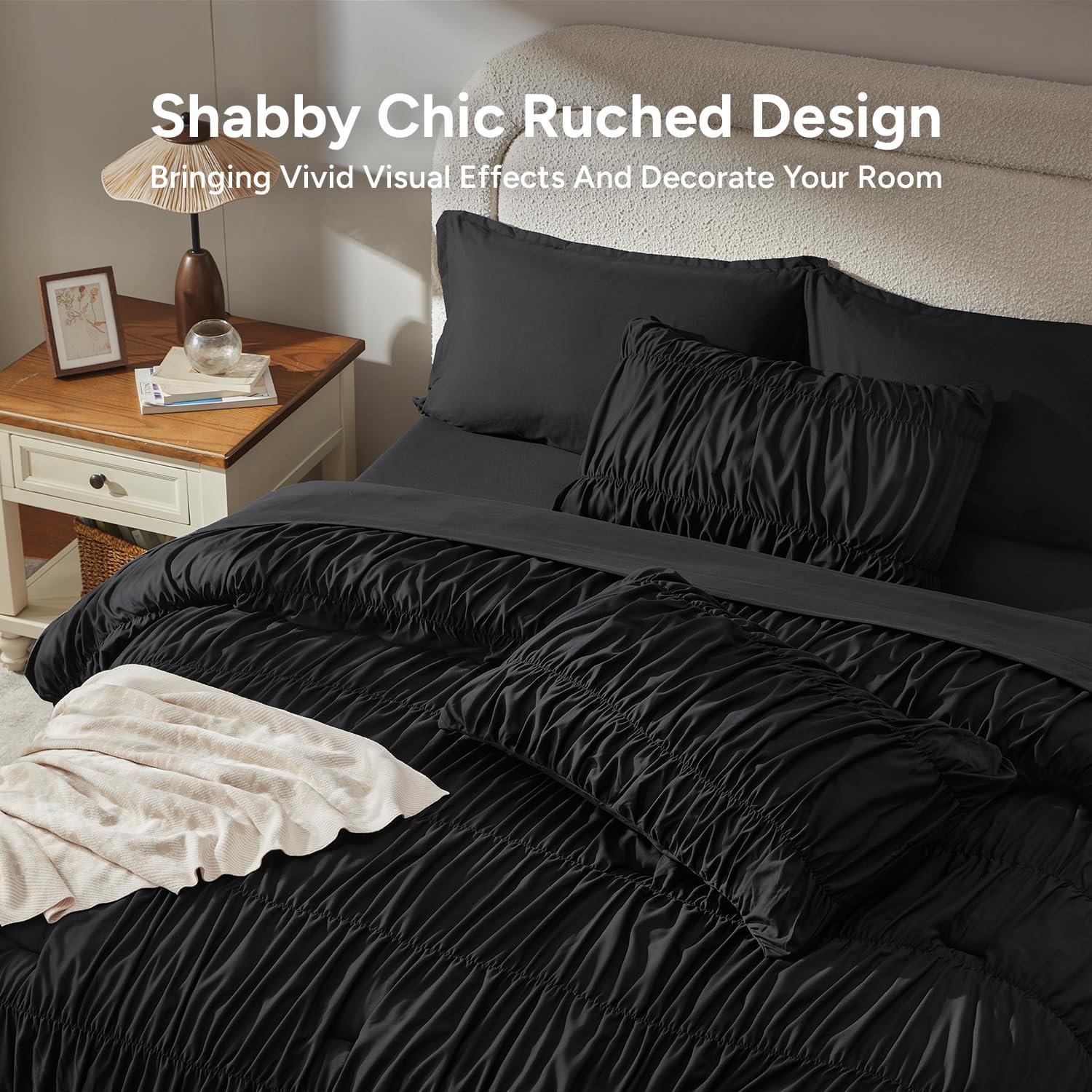 Ruched Black Full Size Comforter Set, 7 Pieces Ruffle Bed in a Bag | Shabby Chic Pleat Bedding Set with Comforter, Sheets, Pillowcases & Sham, Lightweight and Soft Bed Set, All Season