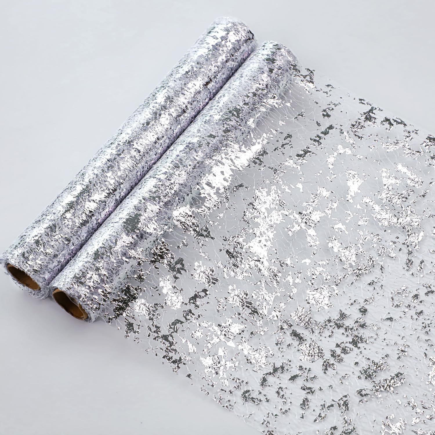 Snowkingdom 2 Pieces Silver Table Runner, Sequin Glitter Foil Metallic Thin Mesh Runner Roll 11"x108", Silver Table Decorations Centerpiece for Wedding Birthday Party Christmas