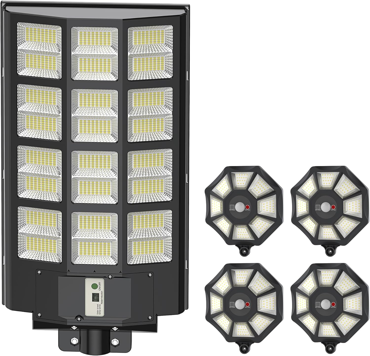 OKPRO 6800W Integrated Solar Street Light and four 300W Octagonal Solar Lights.