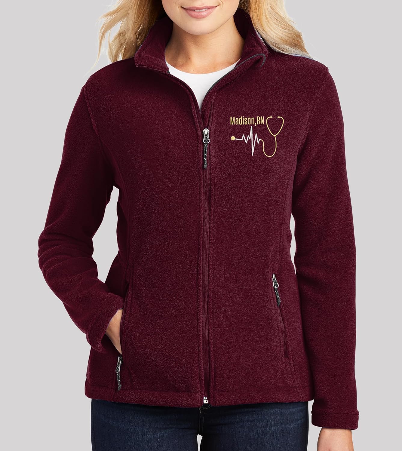 NACRE APPAREL Custom Embroidered Midweight Fleece Jacket for Men & Women Personalized Stethescope Print Jacket - Image 2