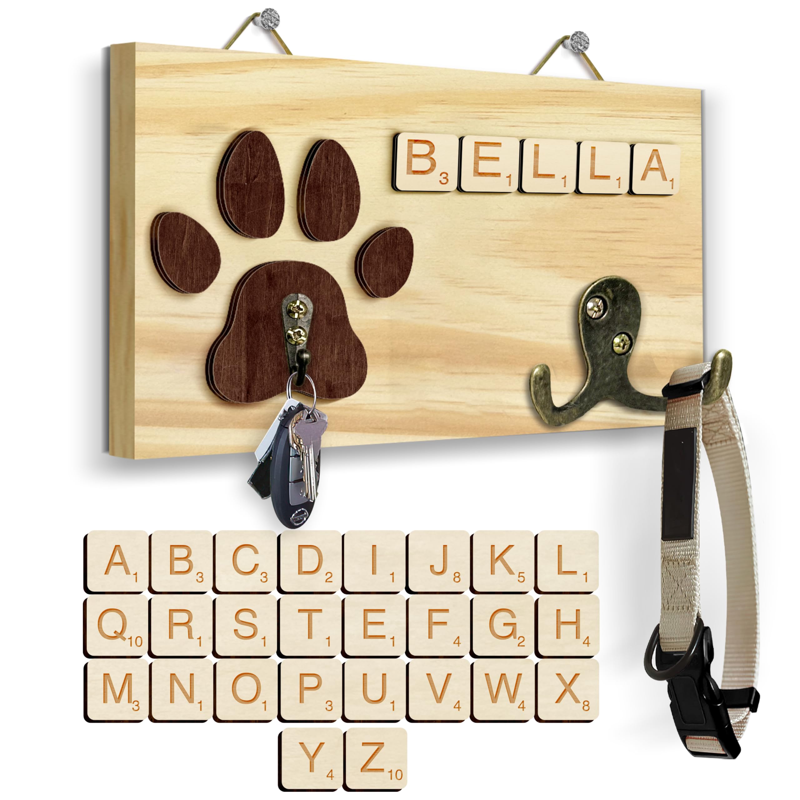 Dog Leash Holder Wall Mount, Pet Harness Hanger with Scrabble Letters, Dog Collar Organizer for Entryway, Cat Leash Key Holder for Wall, Pet Memorial Loss Gifts, Home Decor PF218-N