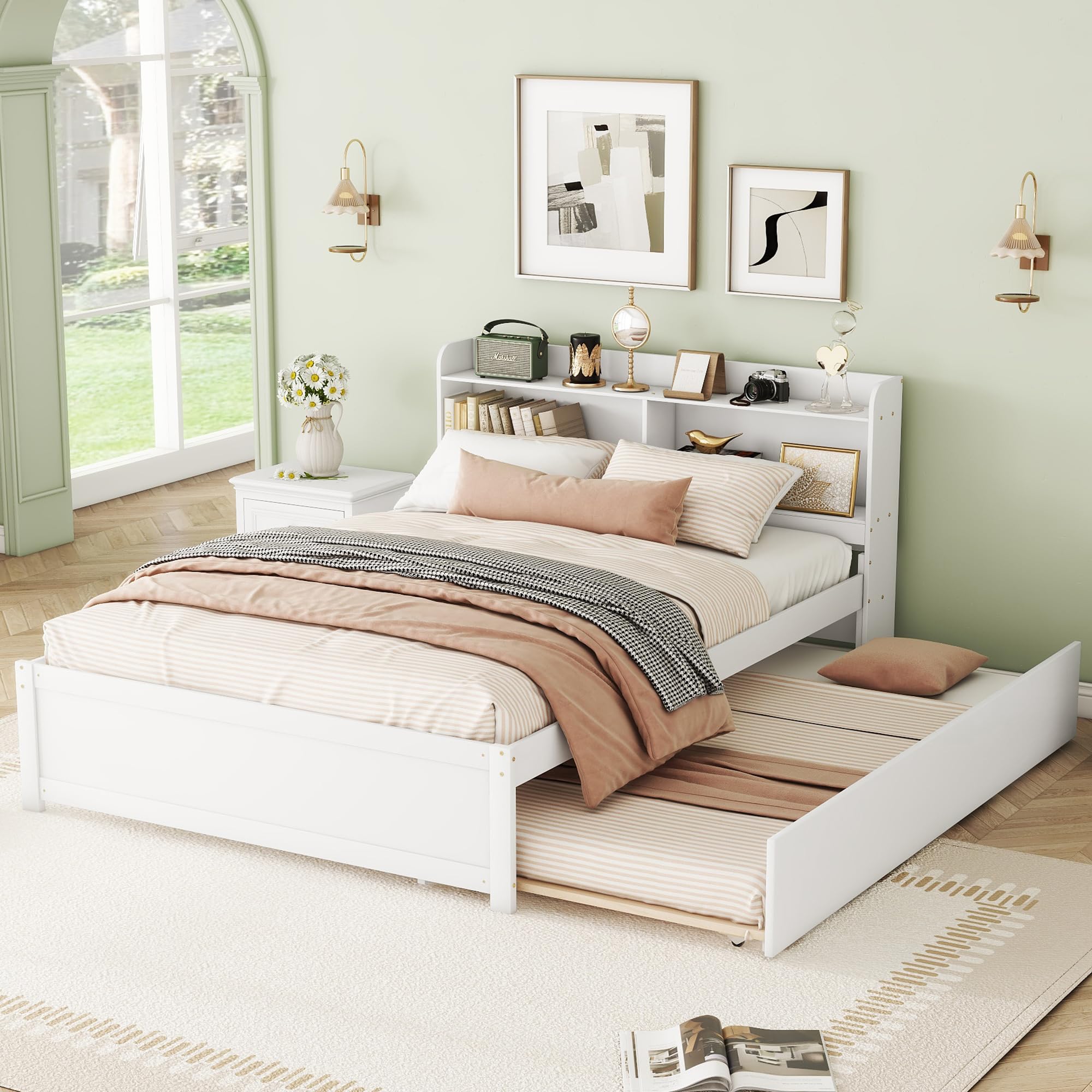 Harper & Bright Designs Full Bed with Trundle, Full Trundle Bed with Bookcase Headboard, Wood Full Size Platform Bed with Twin Trundle Bed Under for Kids Girls Boys, White