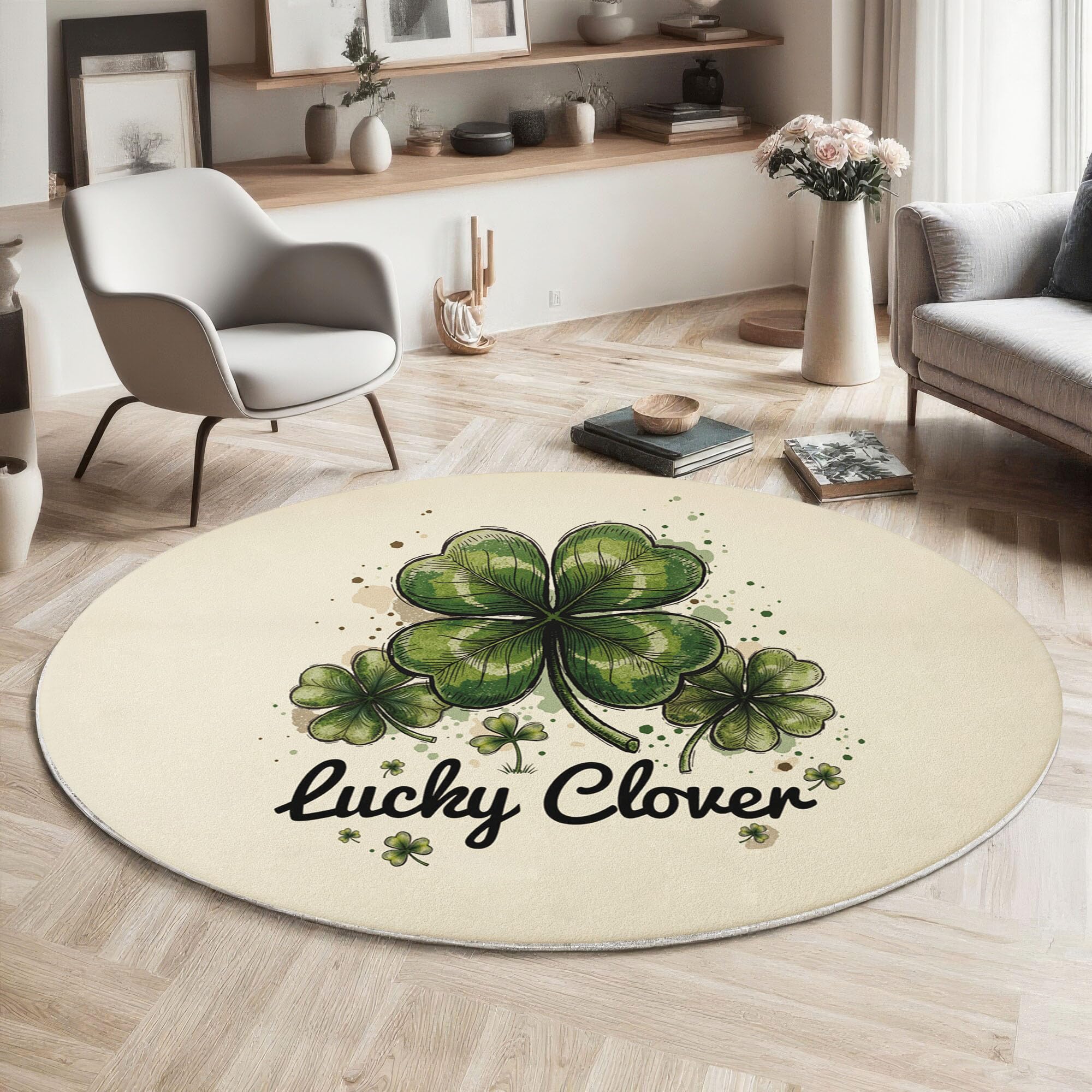 Tapis salon rond vert 160cm antidérapant avec illustration trèfle