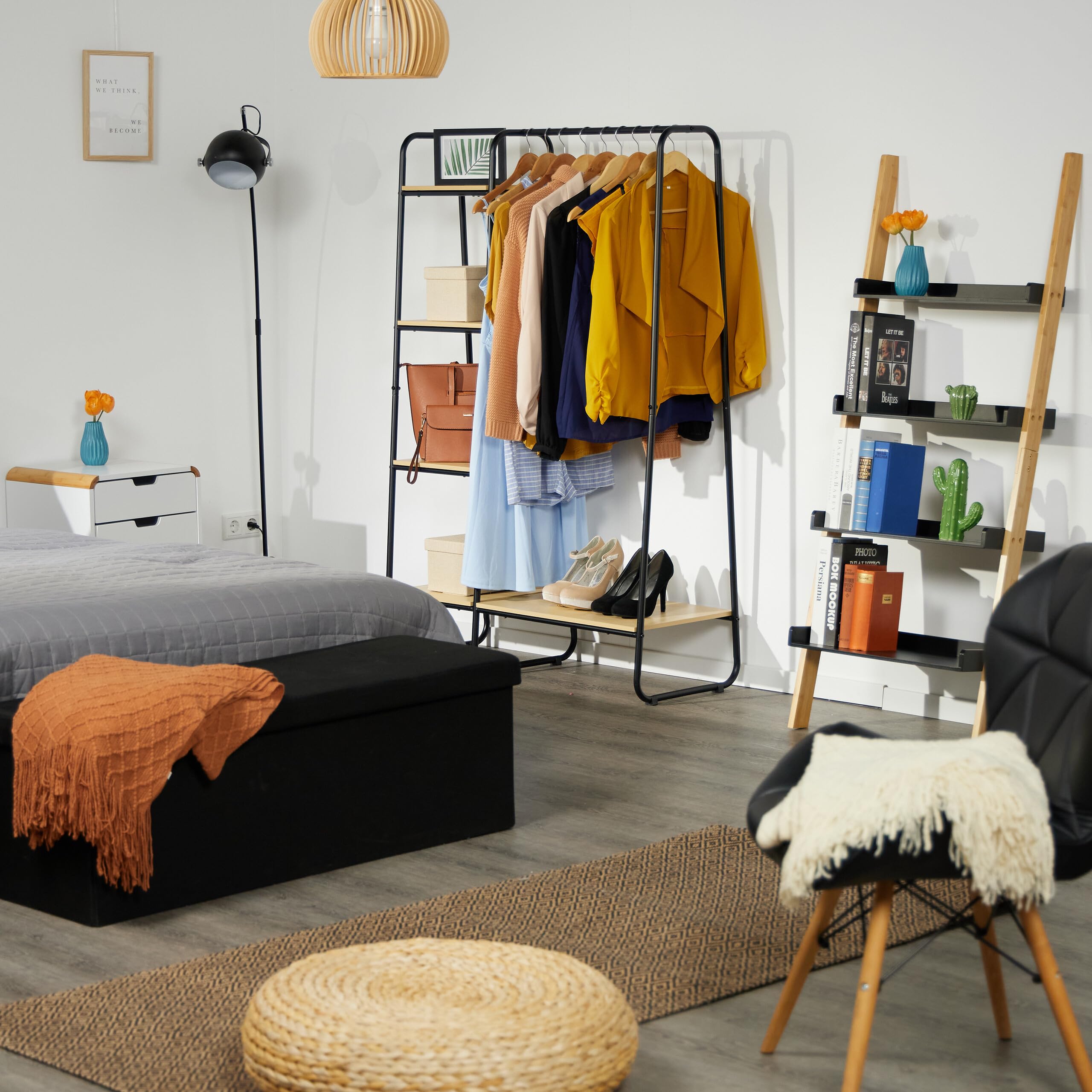 Relaxdays Perchero de Pie Metálico, 5 Baldas, Colgador Ropa con Barra y Estantería, 150x100x41cm, Armario Abierto, Negro
