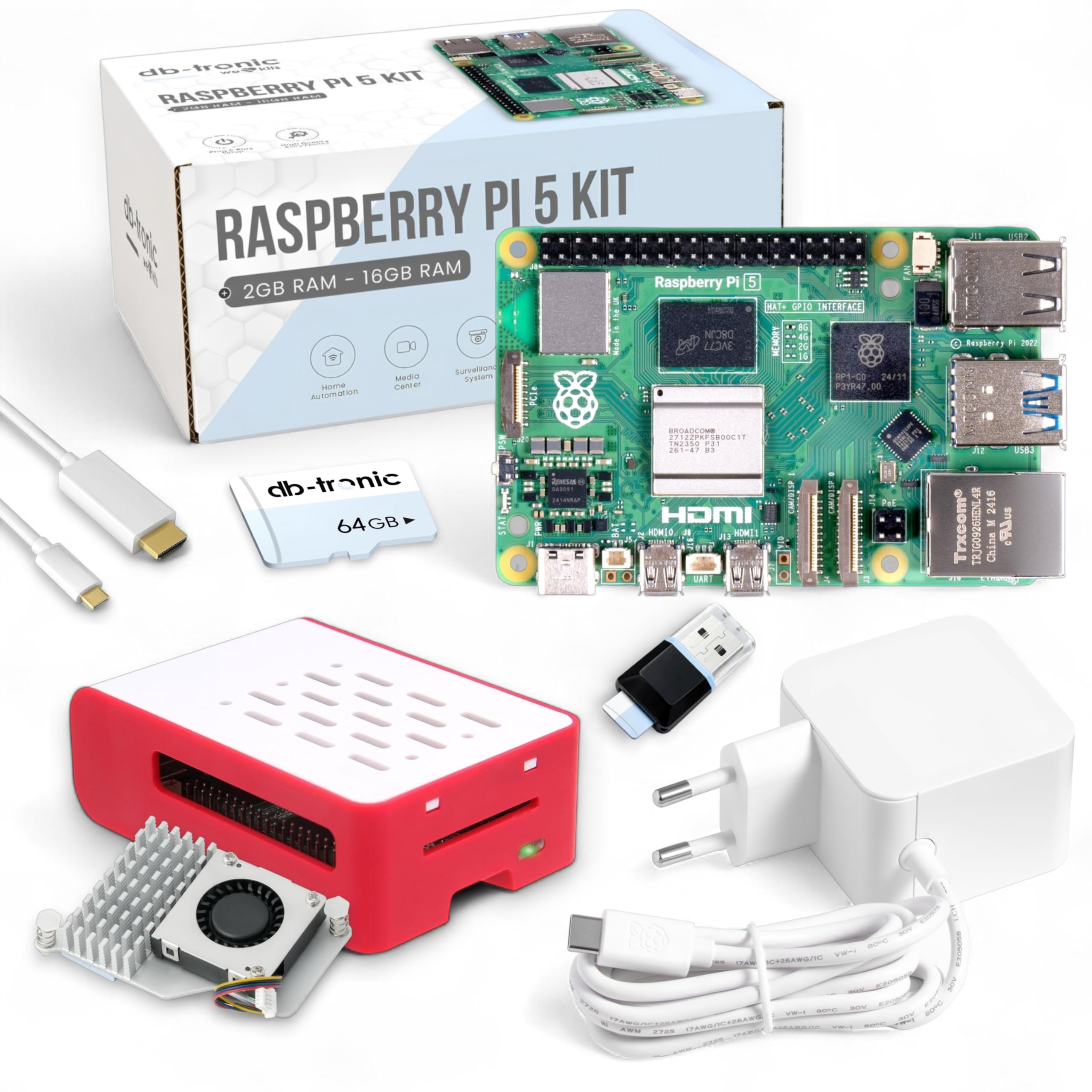 db-tronic Starter Kit para Raspberry Pi 5 8 GB | Edición 64 GB | Alimentación 27 W | Carcasa Airflow | Refrigeración Activa | Micro HDMI 4K | Ideal para Home Assistant y el Smart Home