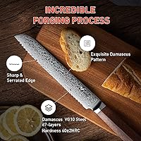 Vista 2 de Cuchillo de pan dentado, cuchillo de pan de 8 pulgadas de largo para pan casero con núcleo de acero Damasco VG-10, afilado cuchillo de corte