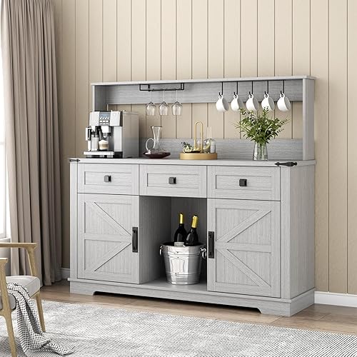 Miniatura 6 de Gyfimoie Aparador de estilo rústico con almacenamiento, gabinete de barra de café con 3 cajones deslizantes, estante para licor y estante ajustable