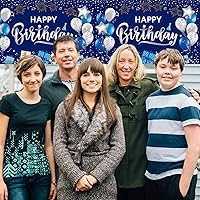 Vista 9 de DUAIAI Decoraciones de feliz cumpleaños, 1 mantel de cumpleaños azul marino y plateado para niños, niñas, hombres y mujeres, funda rectangular