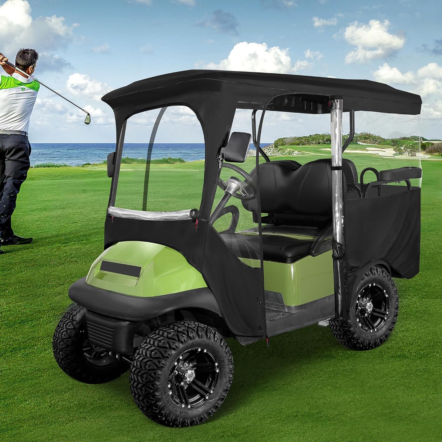 10L0L Golfwagen Abdeckung für 4 Passagier Club Car Precedent mit langem Dach bis zu 240 cm, 4-seitiges klares Fenster, 600D-Regenschutz, Allwetterschutz, winddicht, wasserdicht Golf Cart Abdeckung
